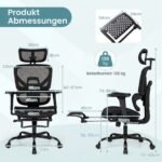 Ergonomiškas biuro krėslas su reguliuojama juosmens atrama ir ištraukiama kojų atrama (Juoda)