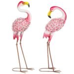Flamingų sodo statulų rinkinys (2 vnt.) su gėlėtomis plunksnomis ir tvirtinimo inkarais