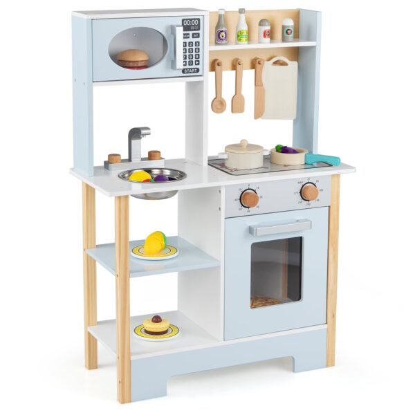 Interaktyvi medinė virtuvėlė su mikrobangų krosnele ir rašymo lenta (Mėlyna)