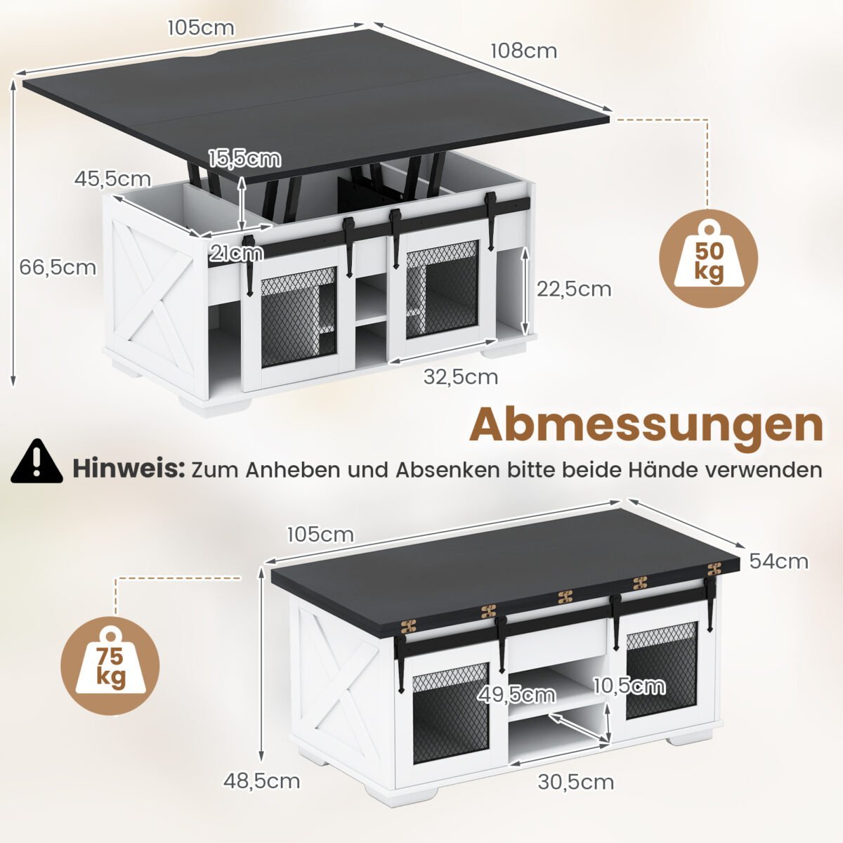 Kavos staliukas su reguliuojamo aukščio stalviršiu ir stumdomomis durelėmis (Juoda) – Paveikslėlis 2