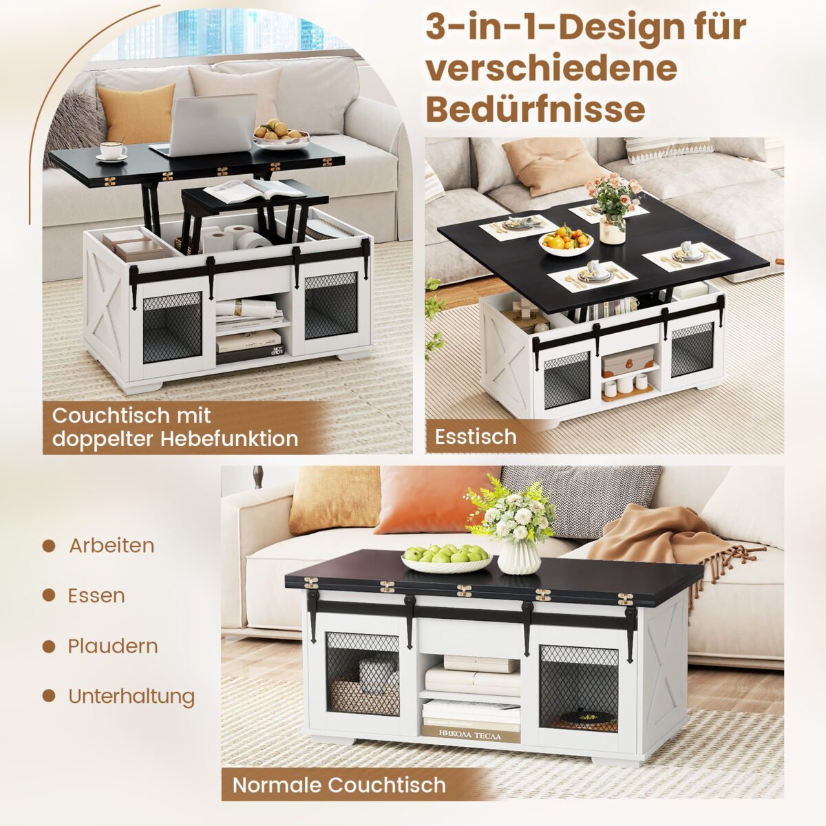 Kavos staliukas su reguliuojamo aukščio stalviršiu ir stumdomomis durelėmis (Juoda) – Paveikslėlis 4