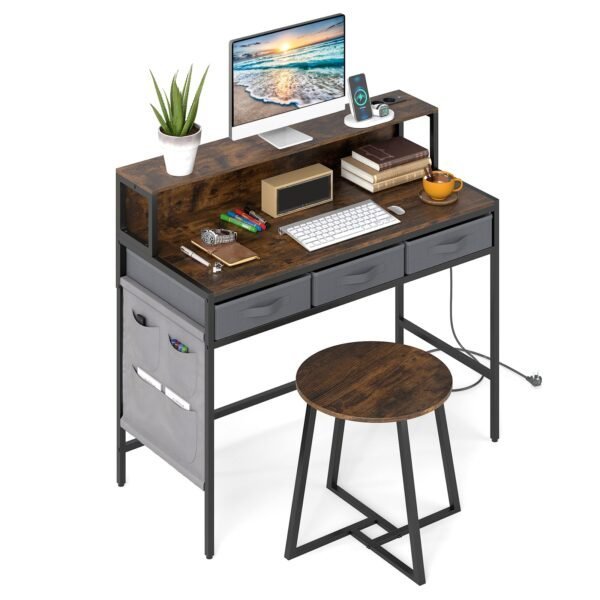 Kompiuterio stalas su ergonomišku monitoriaus stovu ir integruotais elektros lizdais (Kaimiška ruda)