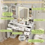 Kosmetikos staliukas su apšviestu veidrodžiu ir integruotais elektros lizdais (Balta) – Paveikslėlis 3