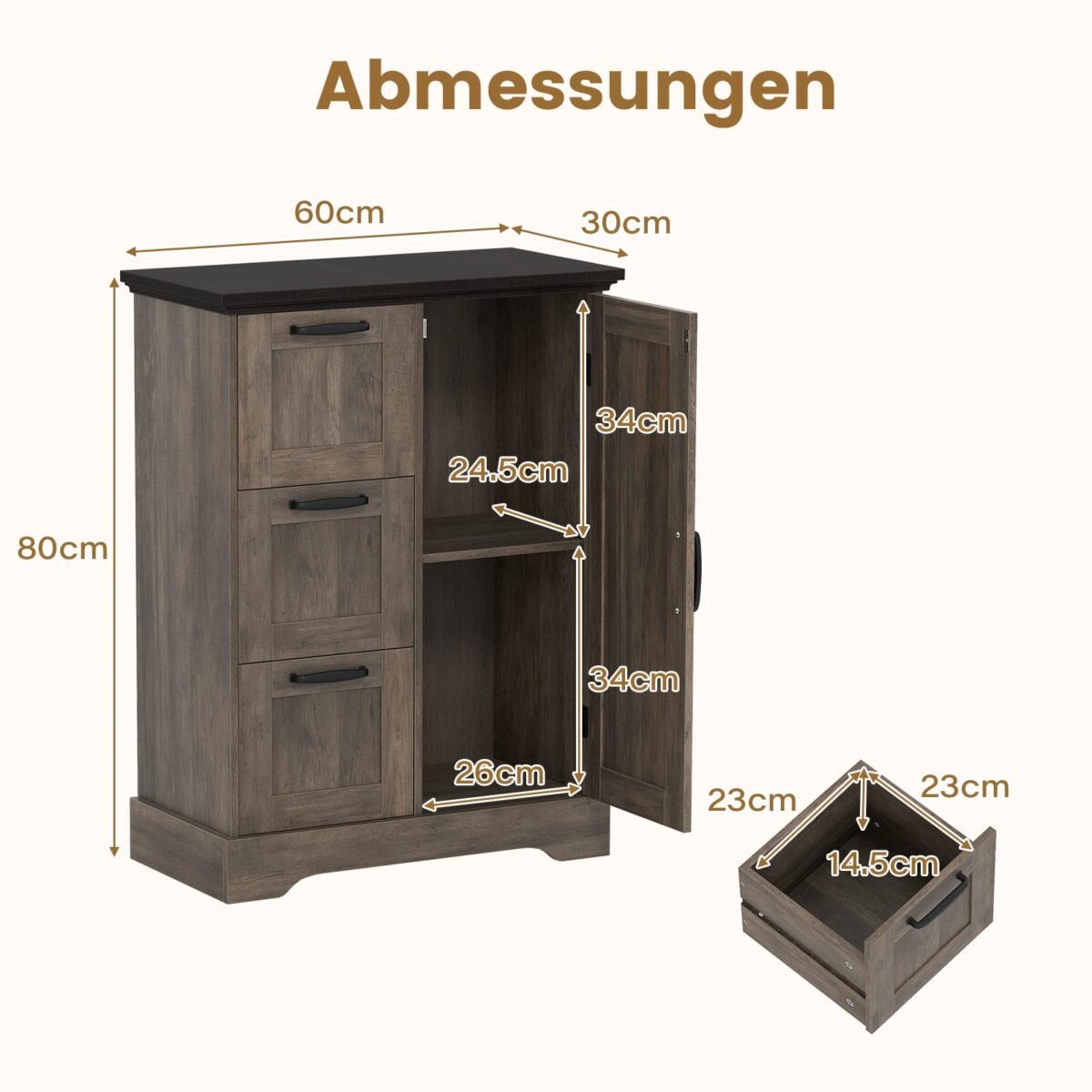 Kredensas su slankiojančiomis durelėmis ir 3 stalčiais (Pilka) – Paveikslėlis 2