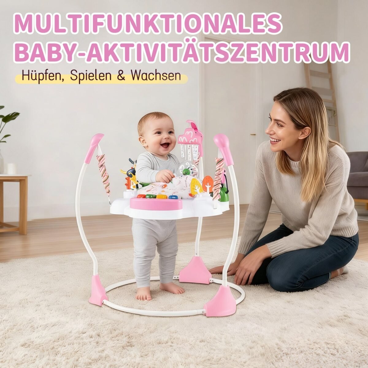 Kūdikių supynės-šokliukas su reguliuojamu aukščiu ir interaktyviais žaislais (Rožinė) – Paveikslėlis 4