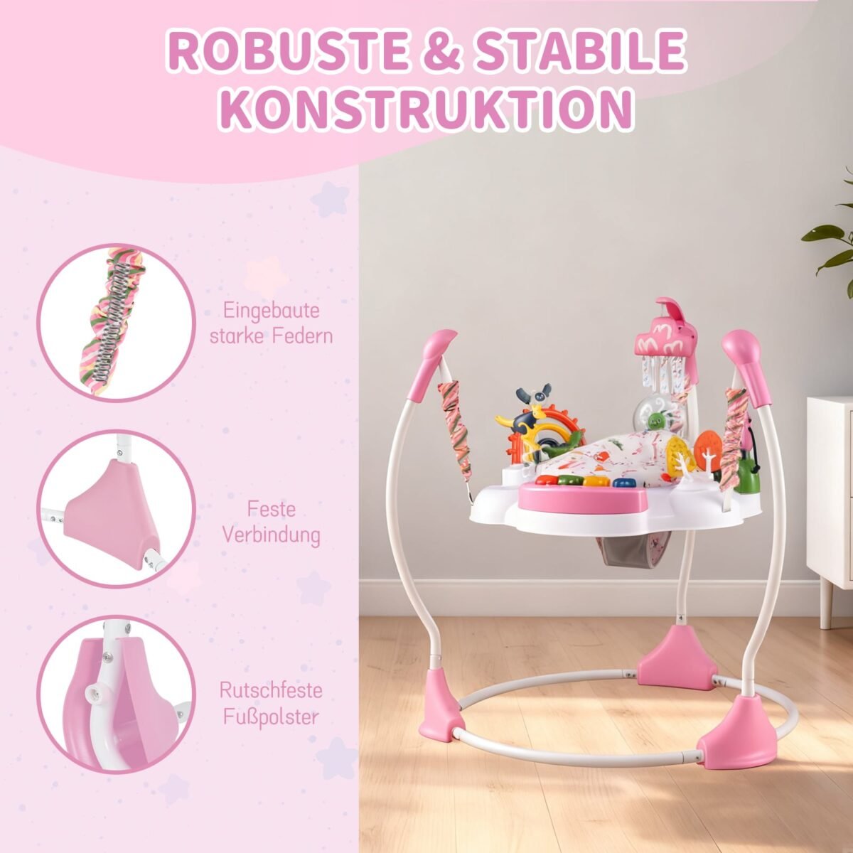 Kūdikių supynės-šokliukas su reguliuojamu aukščiu ir interaktyviais žaislais (Rožinė) – Paveikslėlis 5