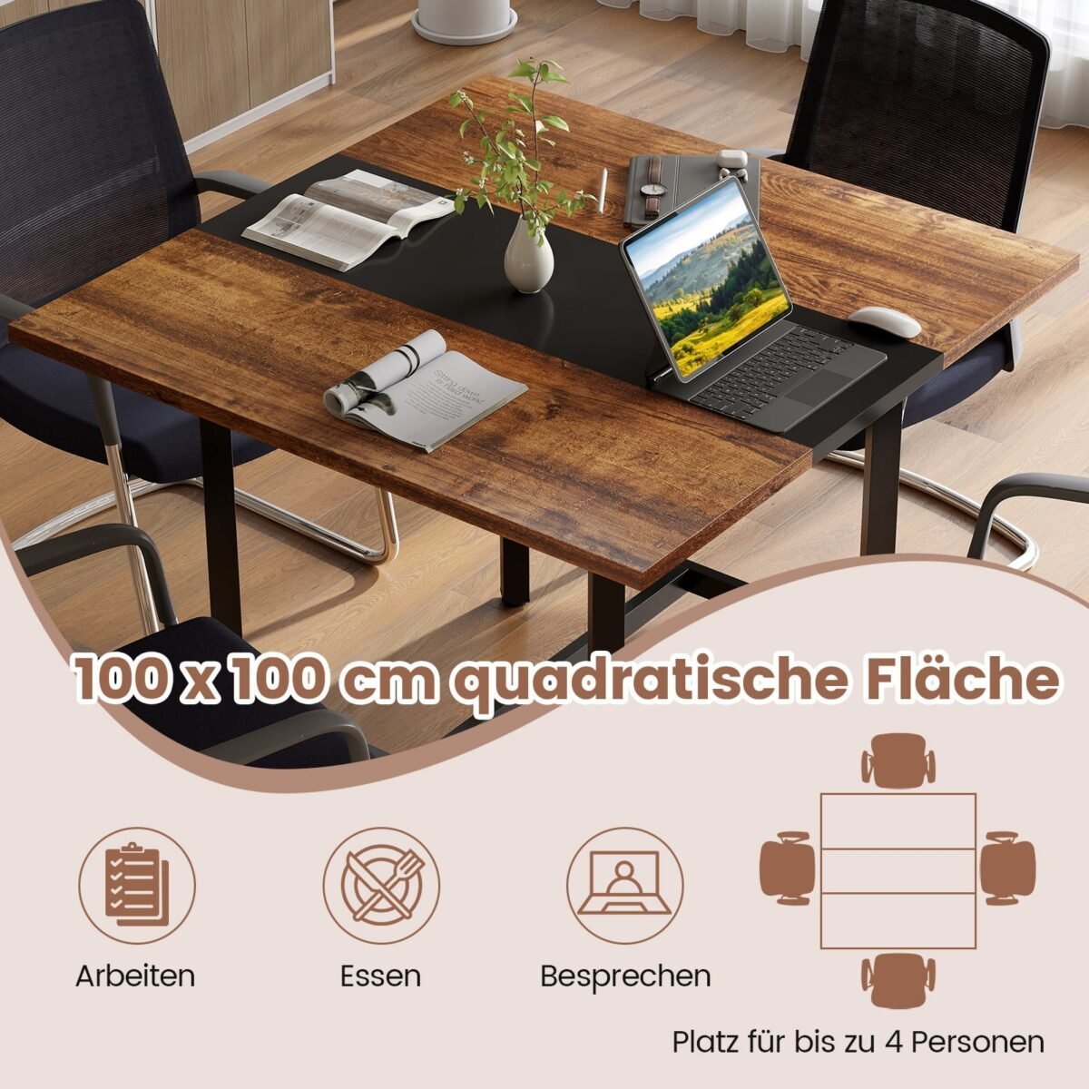Kvadratinis konferencinis stalas su metaliniu rėmu (Rustikinė ruda) – Paveikslėlis 3