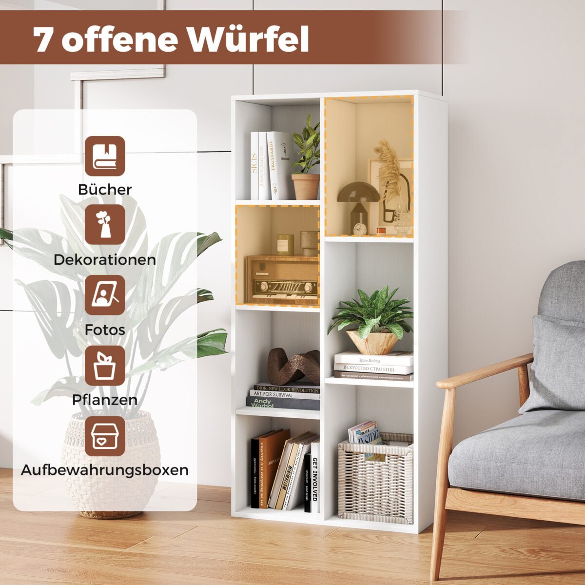 Laisvai pastatoma 7 skyrių knygų lentyna (Balta) – Paveikslėlis 5