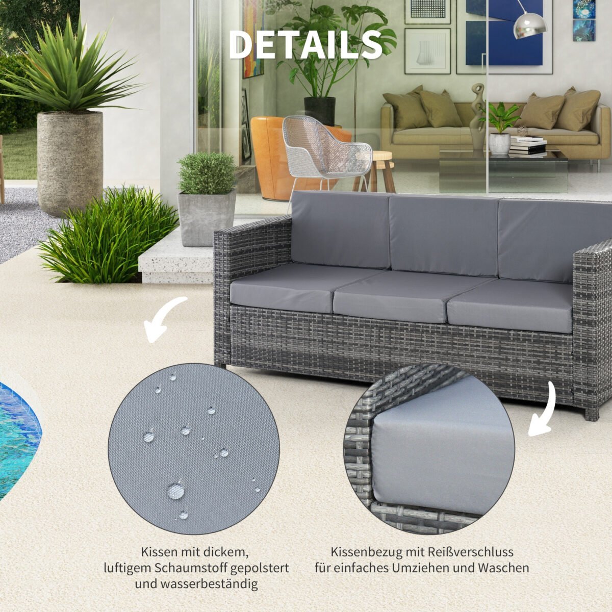 Lauko 3-vietė PE ratano poilsio sofa su pagalvėmis – Paveikslėlis 5