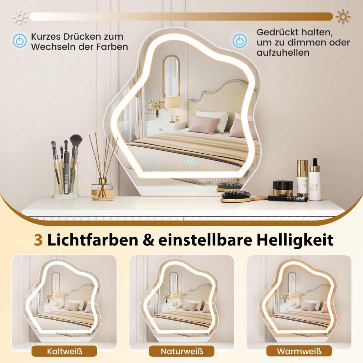 Makiažo staliukas su reguliuojamo apšvietimo LED veidrodžiu (Balta) – Paveikslėlis 4