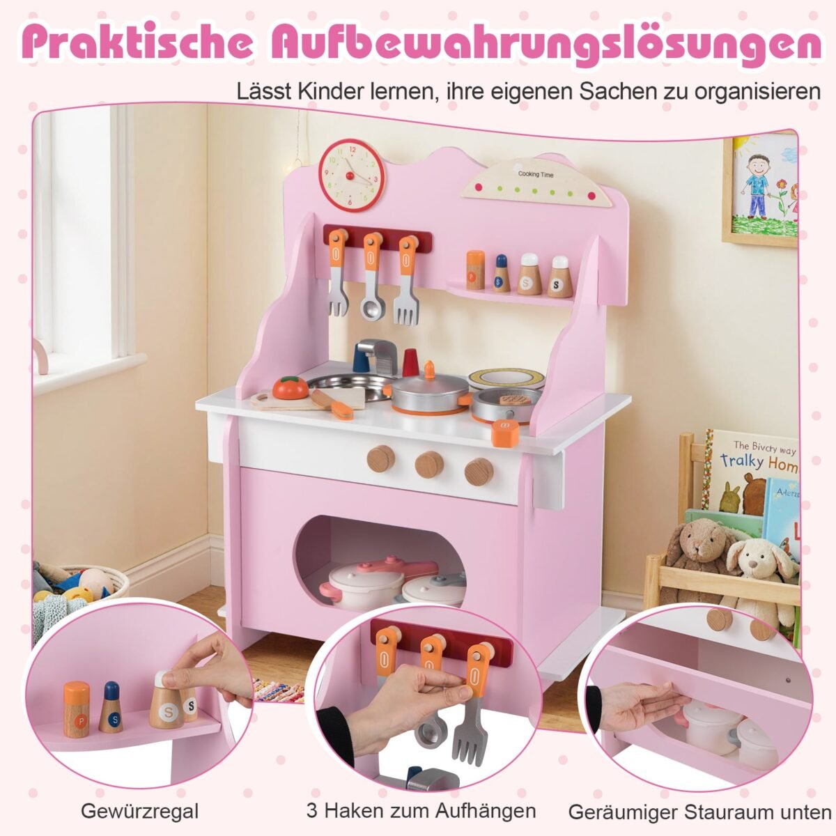 Medinė vaikiška žaidimų virtuvėlė su tikroviškomis funkcijomis (Rožinė) – Paveikslėlis 4