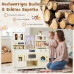 Medinė žaislinė virtuvėlė su virykle, kriaukle ir priedais (Smėlio) – Paveikslėlis 4