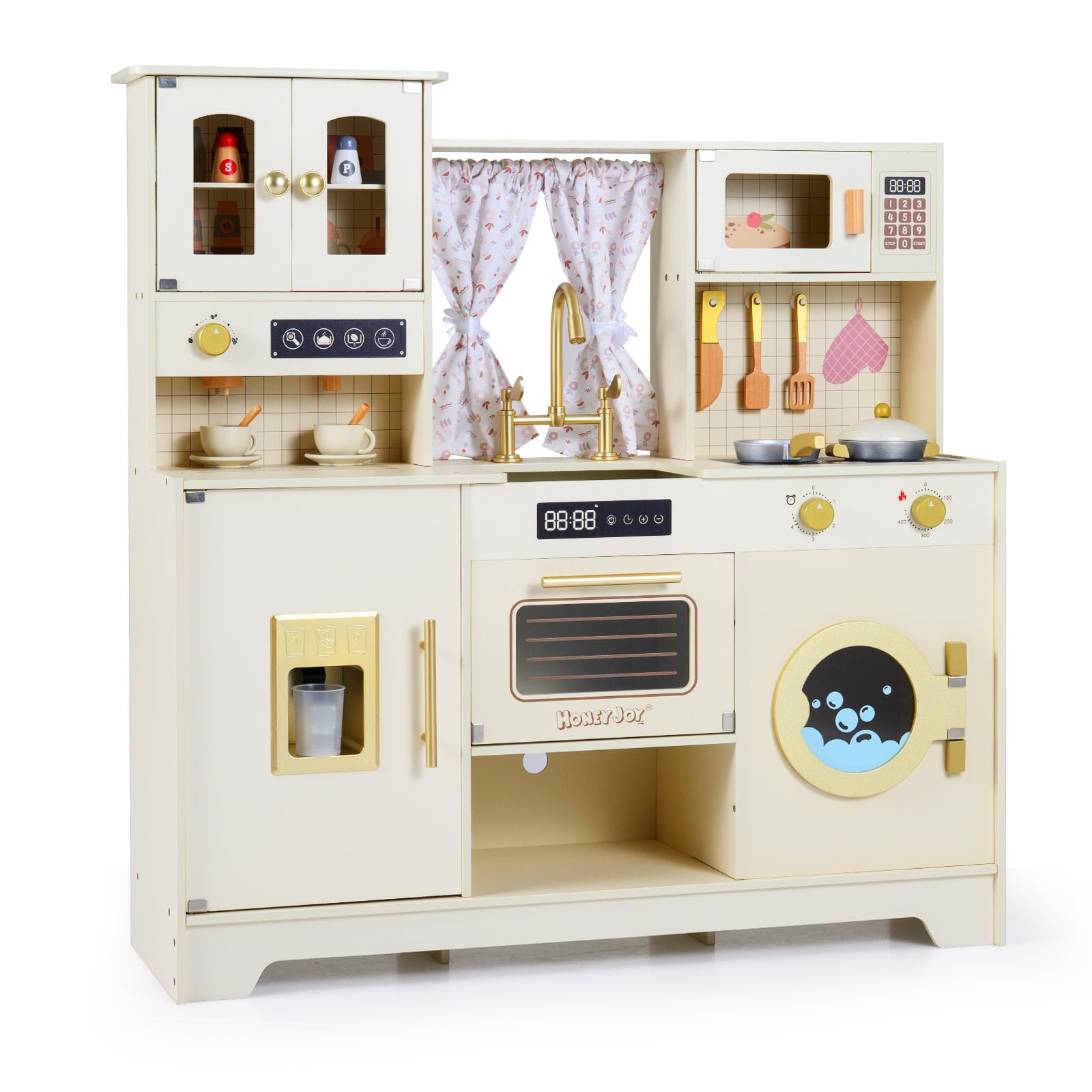 Medinė žaislinė virtuvėlė su virykle kriaukle ir priedais (Smėlio)