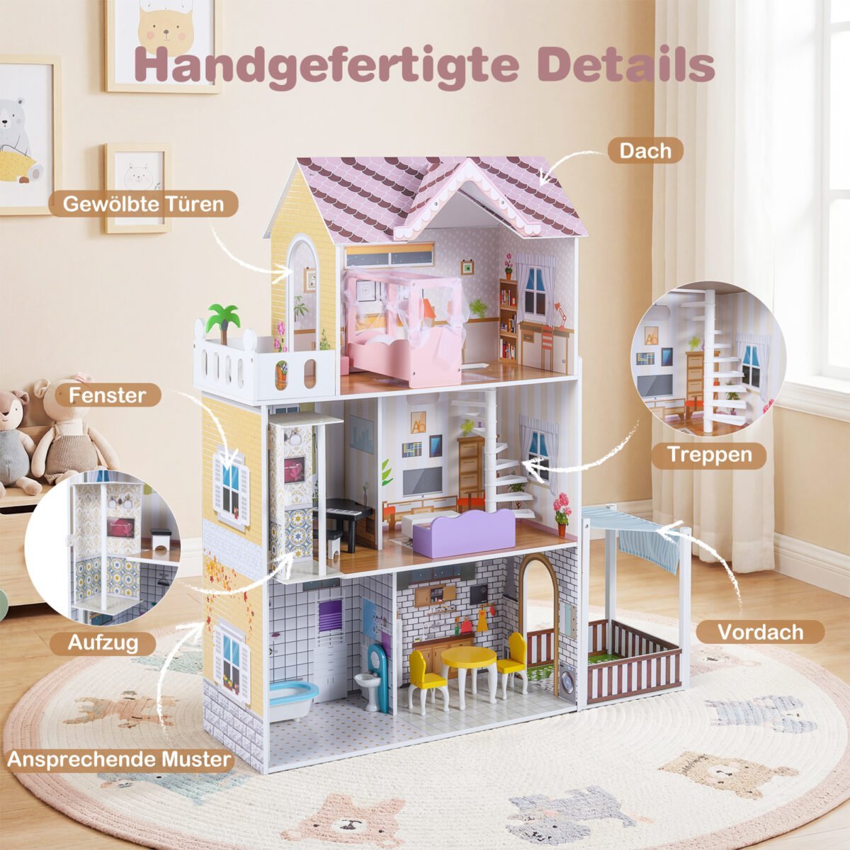 Medinis 3 aukštų lėlių namelis su baldais (Rožinė) – Paveikslėlis 3