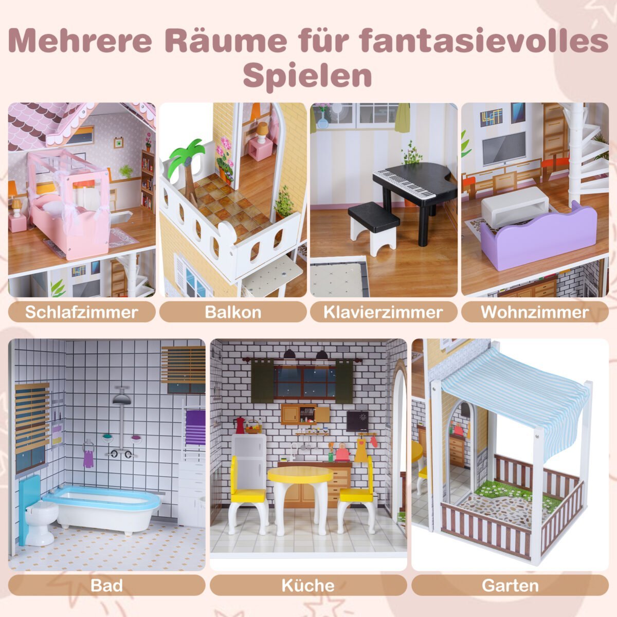 Medinis 3 aukštų lėlių namelis su baldais (Rožinė) – Paveikslėlis 4