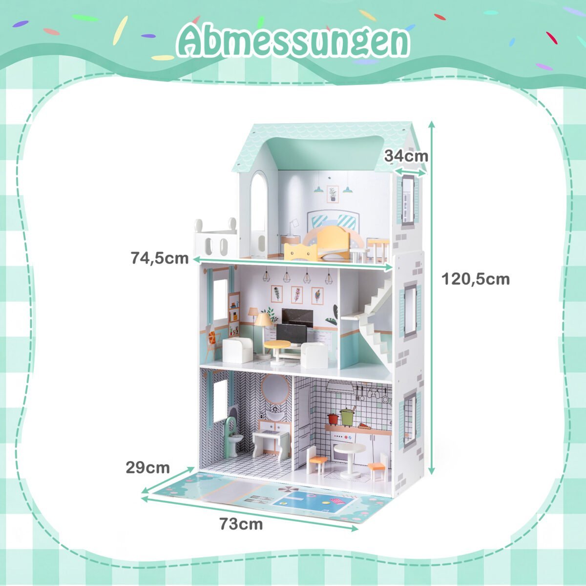 Medinis 3 aukštų lėlių namelis su baldų rinkiniu (Žalia) – Paveikslėlis 2