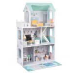 Medinis 3 aukštų lėlių namelis su baldų rinkiniu (Žalia)