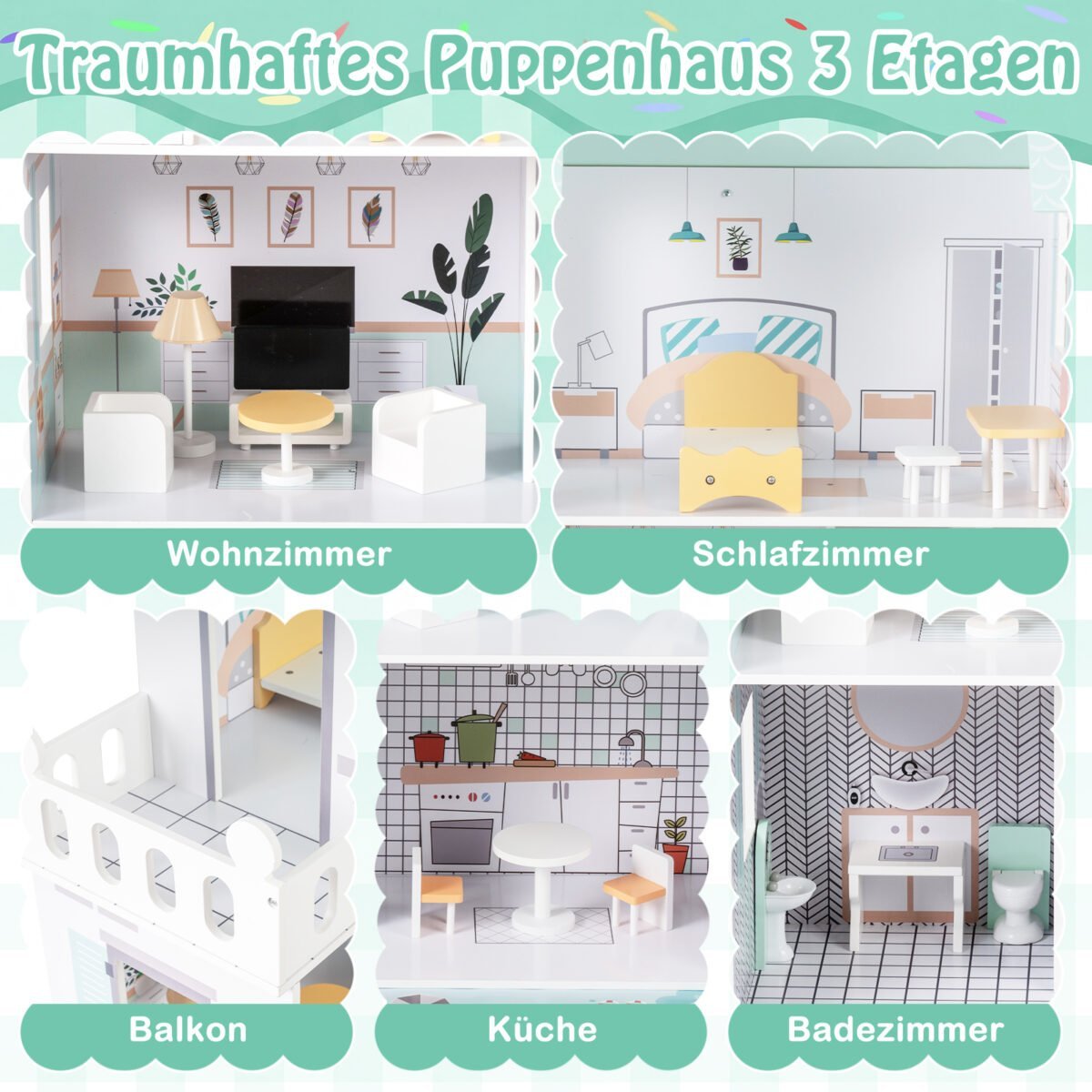 Medinis 3 aukštų lėlių namelis su baldų rinkiniu (Žalia) – Paveikslėlis 3