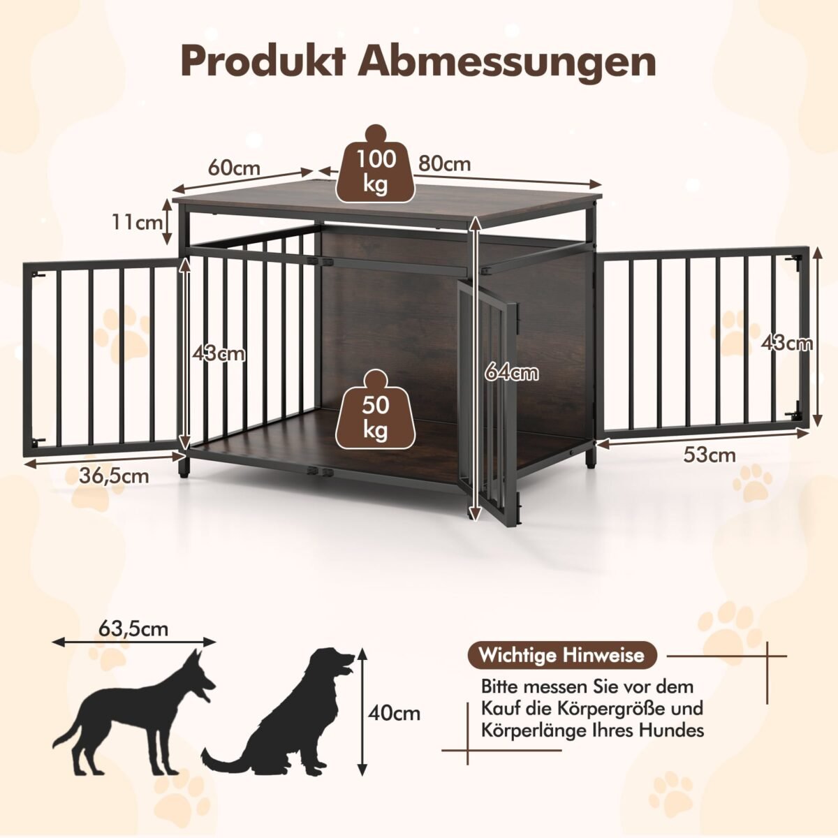 Medinis šunų narvas su 3 durimis ir šoniniu staliuku (Rustikinė ruda ir juoda) – Paveikslėlis 2