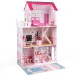 Medinis trijų aukštų lėlių namelis su baldų ir laiptų komplektu (Rožinė)