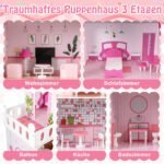 Medinis trijų aukštų lėlių namelis su baldų ir laiptų komplektu (Rožinė) – Paveikslėlis 3