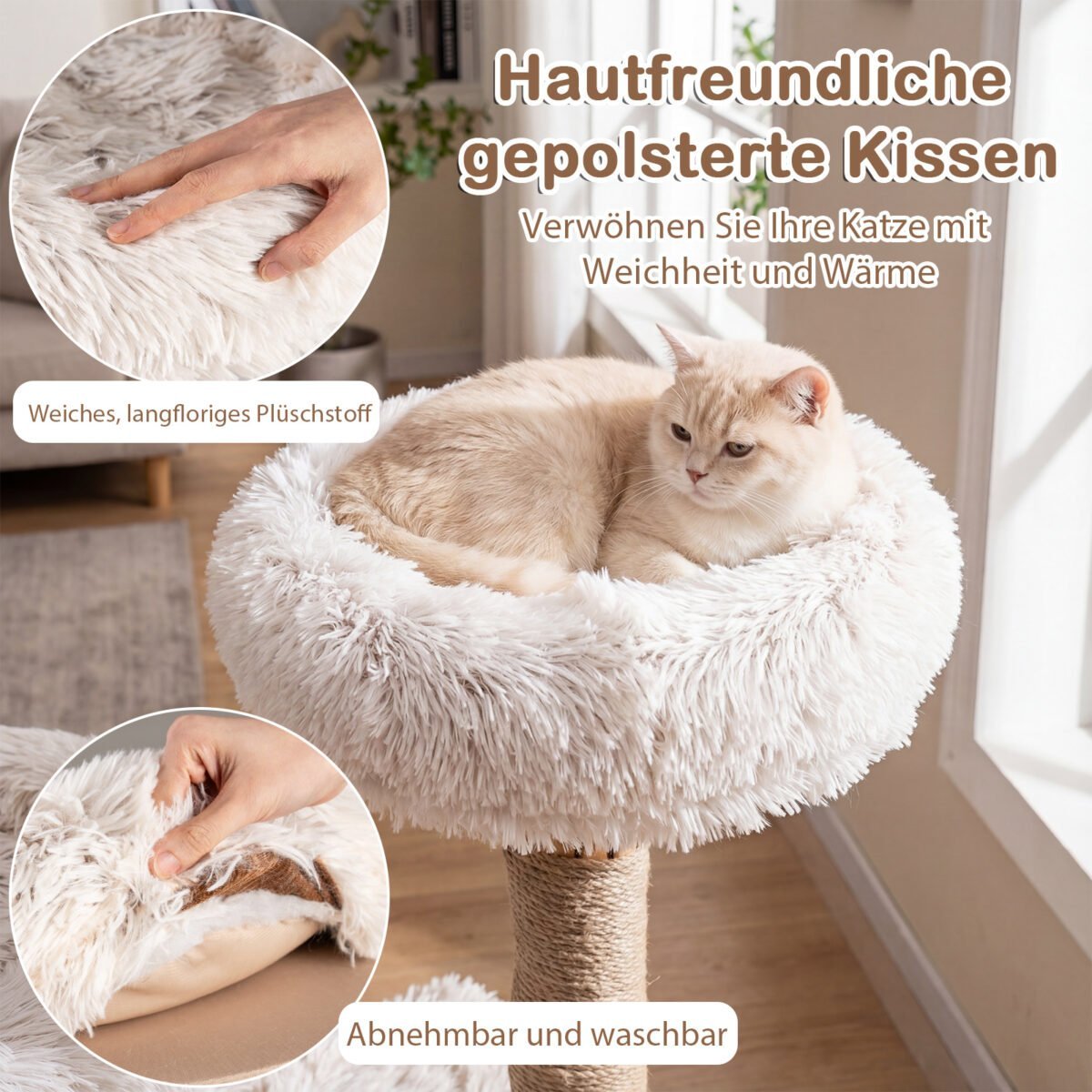 Moderni kačių draskyklė su natūralios medienos elementais ir džiuto draskyklėmis (Balta) – Paveikslėlis 4