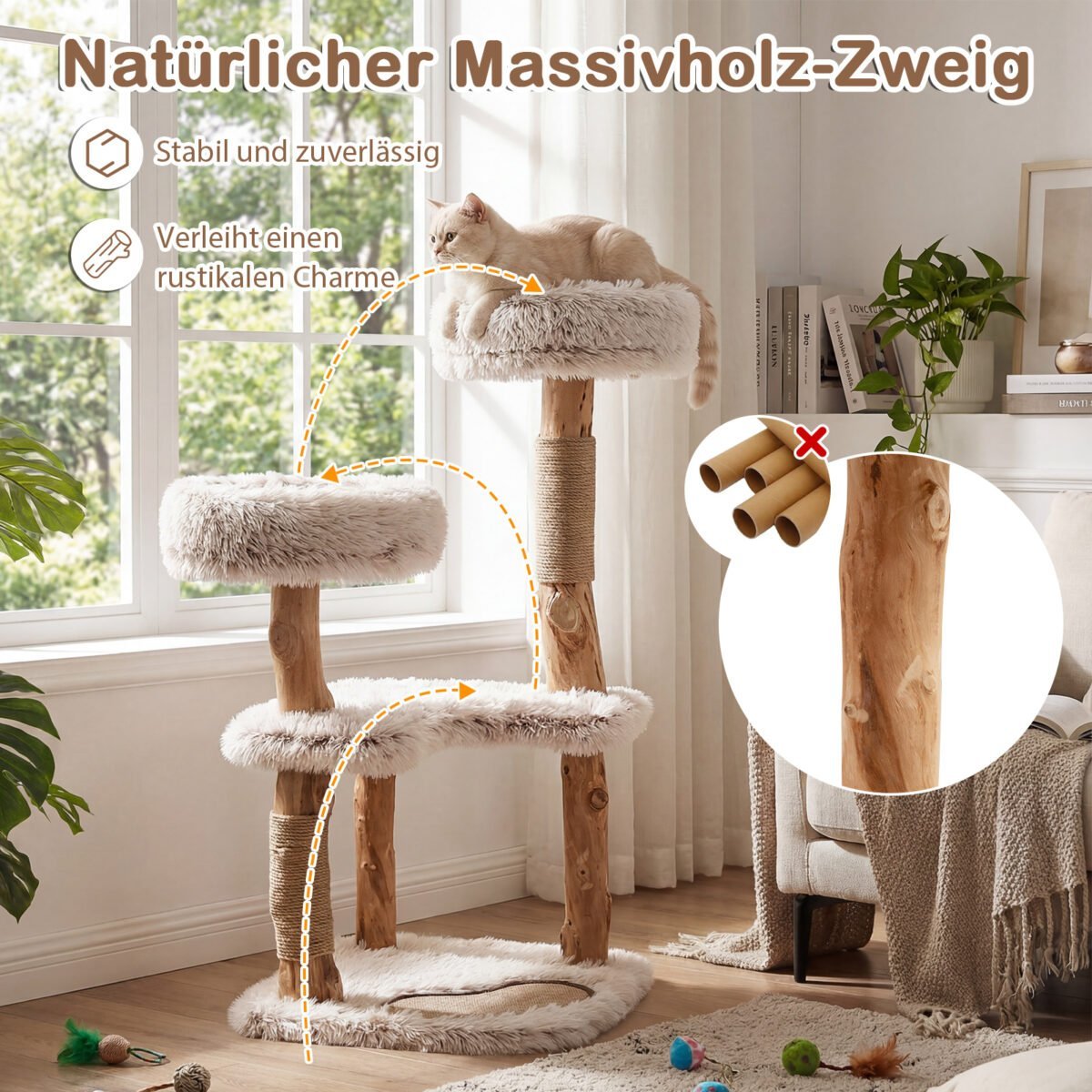 Moderni kačių draskyklė su natūralios medienos elementais ir džiuto draskyklėmis (Balta) – Paveikslėlis 5