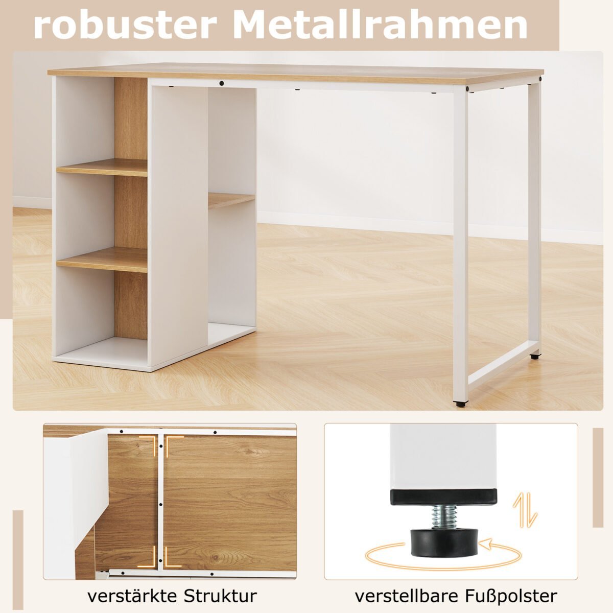 Modernus kompiuterio stalas su 5 daiktadėžėmis 115 cm (Natūrali + Balta) – Paveikslėlis 4