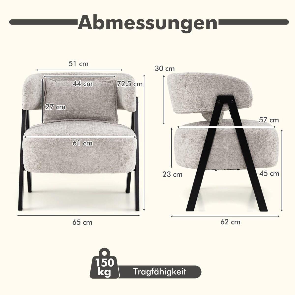 Modernus skaitymo krėslas su dirbtinio kailio apmušalu ir juosmens pagalvėle (Pilka) – Paveikslėlis 2