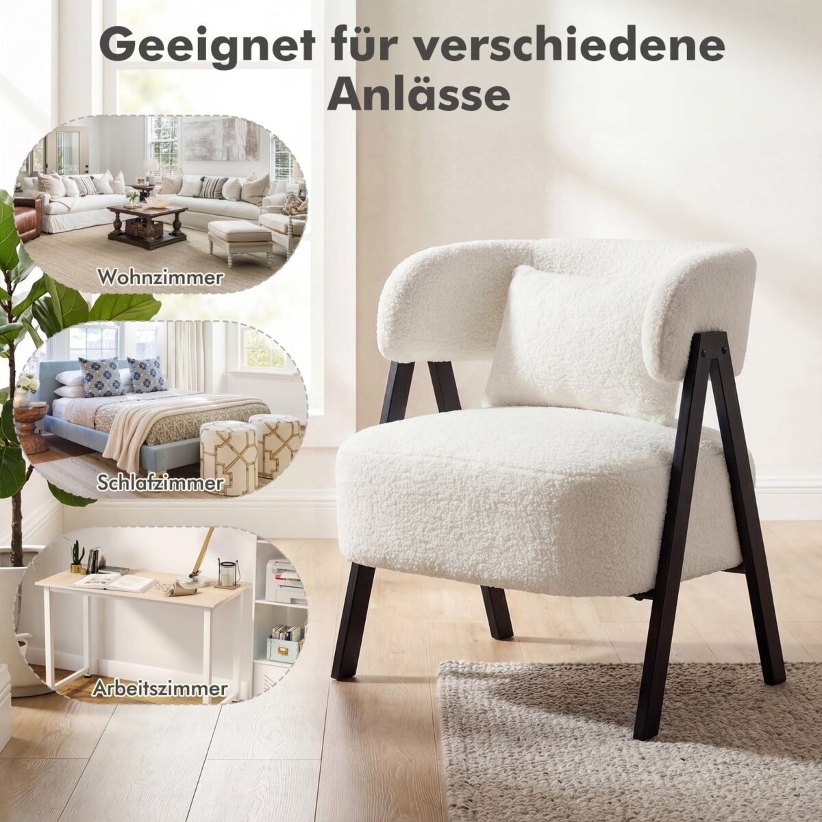 Modernus skaitymo krėslas su dirbtiniu kailiu ir juosmens pagalvėle (Balta) – Paveikslėlis 3