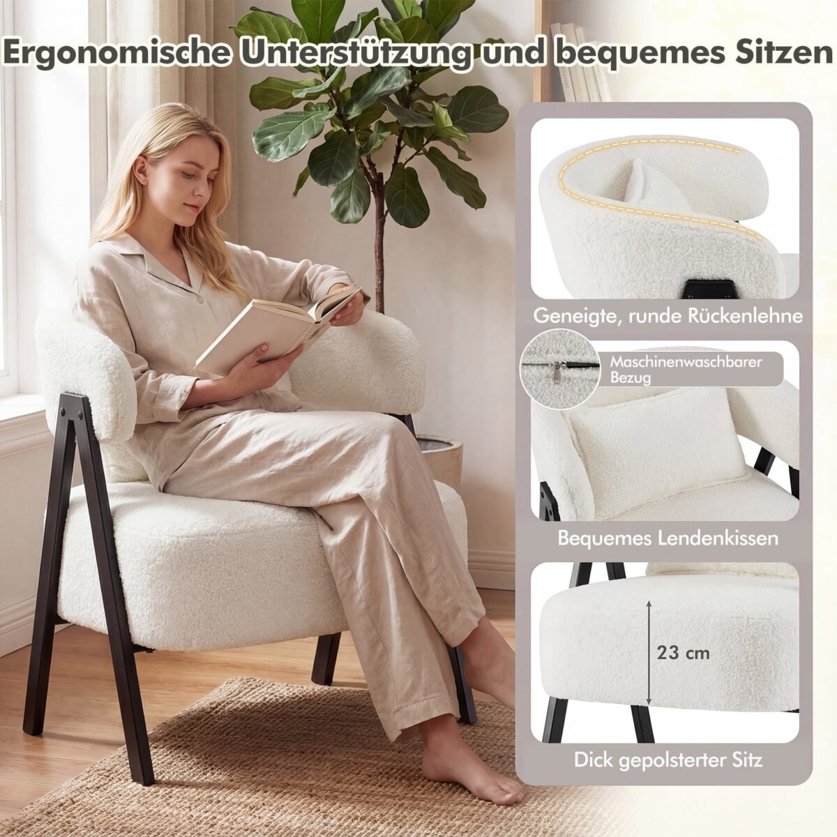 Modernus skaitymo krėslas su dirbtiniu kailiu ir juosmens pagalvėle (Balta) – Paveikslėlis 5
