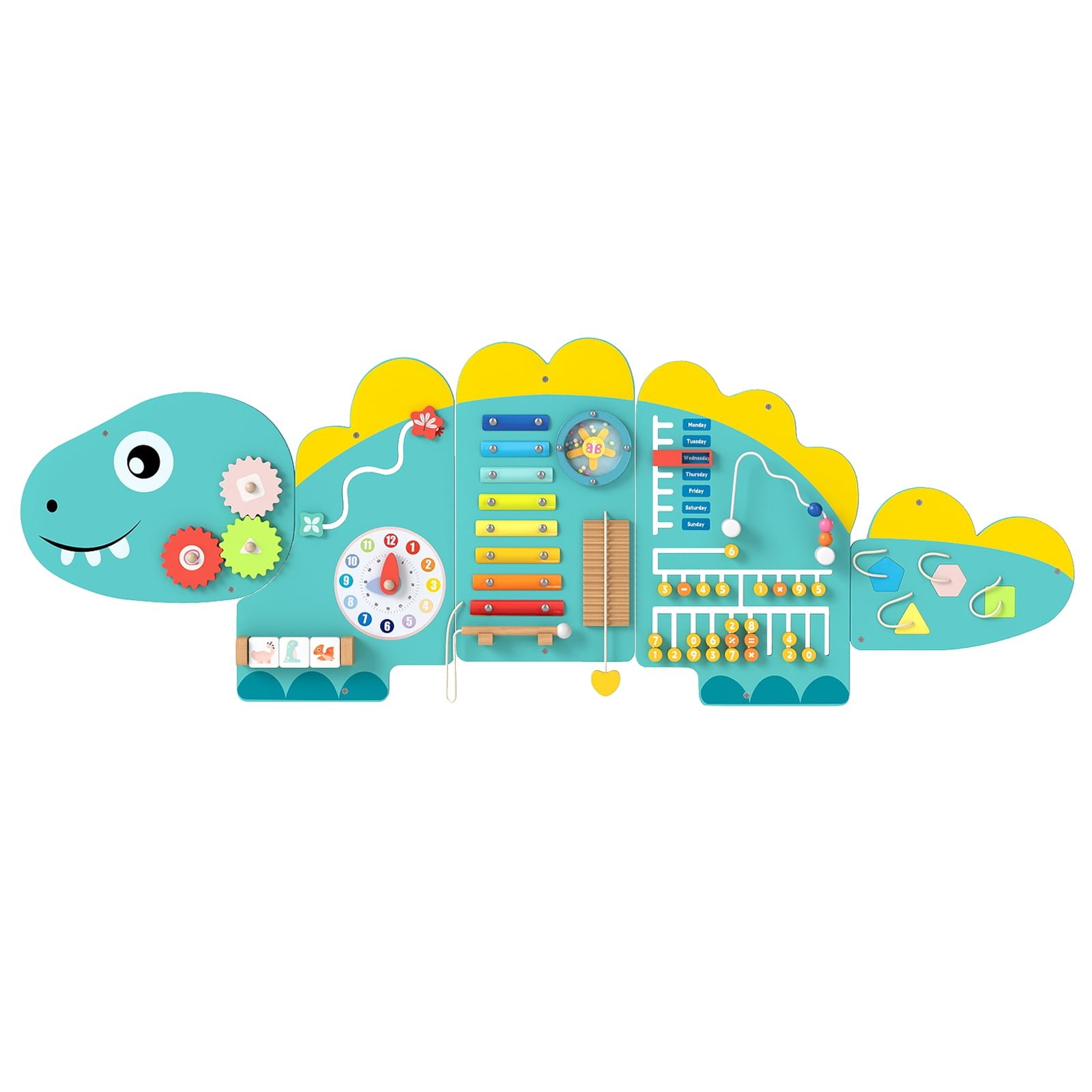 Montessori 11 viename medinė sensorinė dinozaurų veiklos sienelė (Žalia)