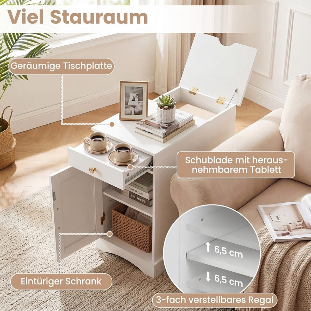 Naktinė spintelė su paslėpta įkrovimo stotele ir reguliuojama lentyna (Balta) – Paveikslėlis 3