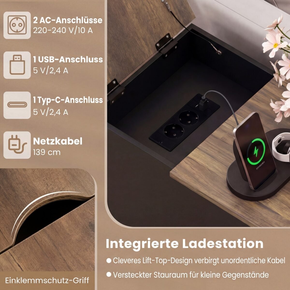 Naktinis staliukas su integruota įkrovimo stotele ir sulankstomu stalviršiu (Juoda) – Paveikslėlis 4