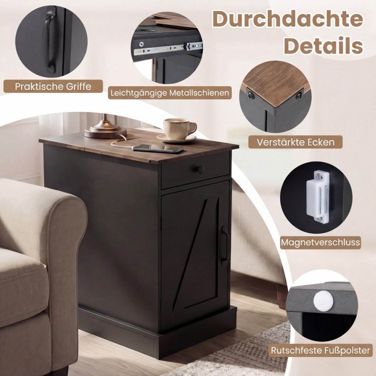 Naktinis staliukas su integruota įkrovimo stotele ir sulankstomu stalviršiu (Juoda) – Paveikslėlis 5