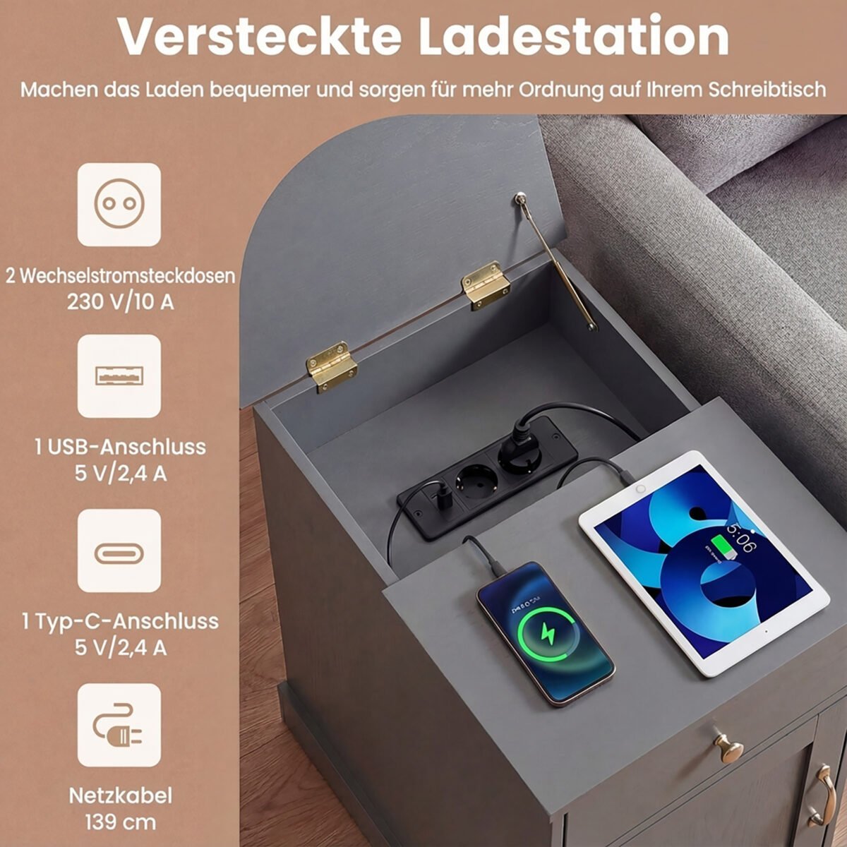 Naktinis staliukas su paslėpta įkrovimo stotele ir reguliuojama lentyna (Pilka) – Paveikslėlis 4