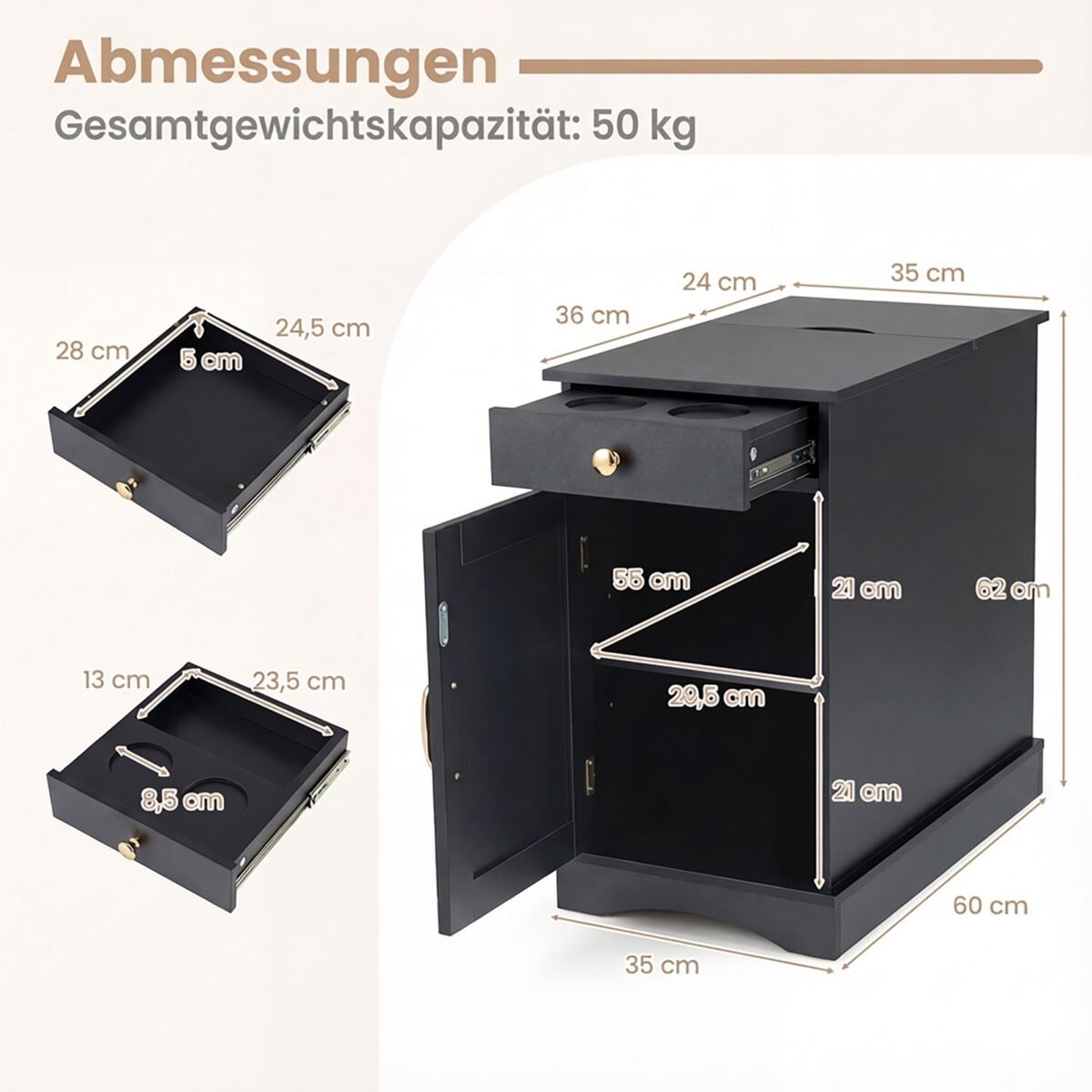 Naktinis staliukas su paslėpta krovimo stotele ir reguliuojama lentyna (Juoda) – Paveikslėlis 2