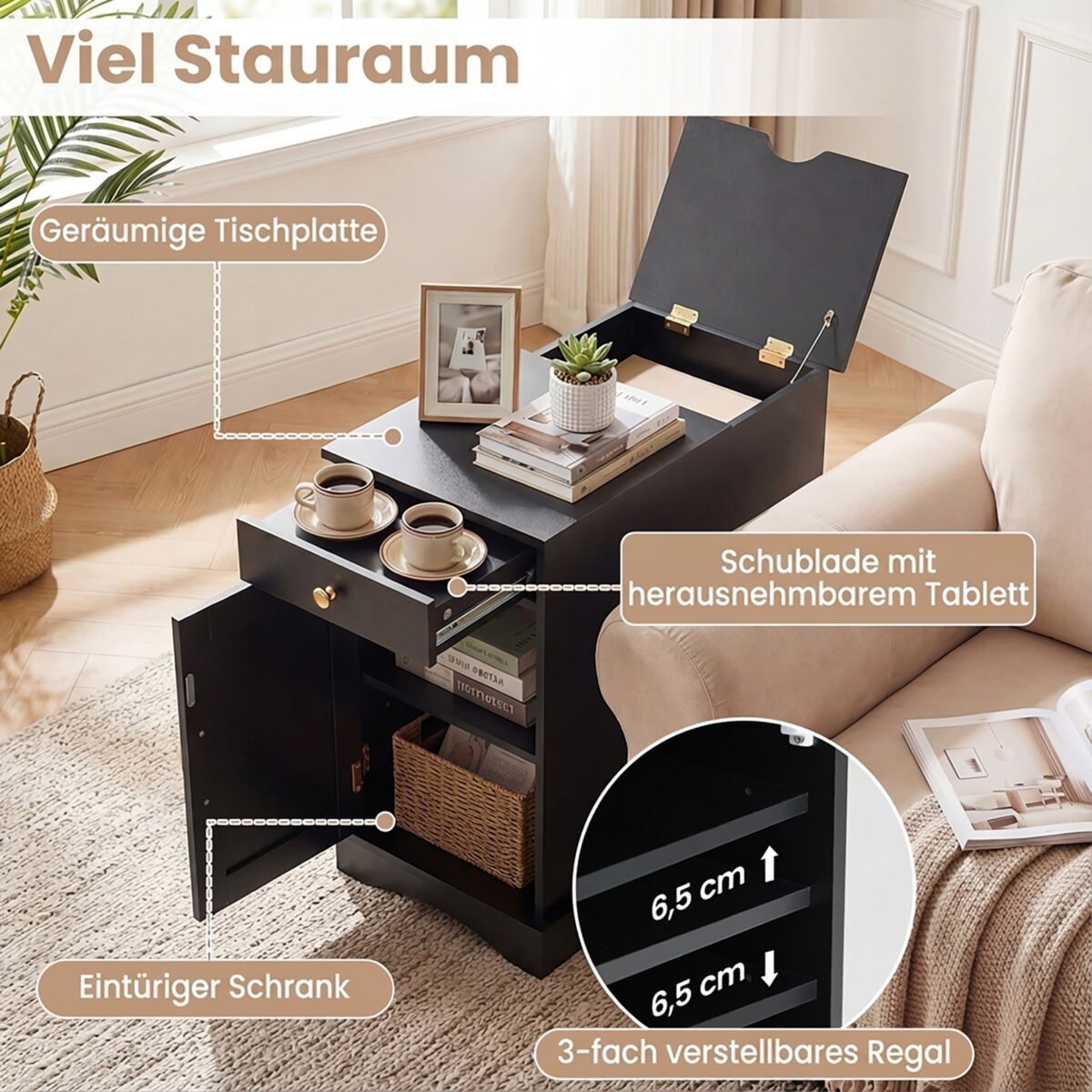 Naktinis staliukas su paslėpta krovimo stotele ir reguliuojama lentyna (Juoda) – Paveikslėlis 3