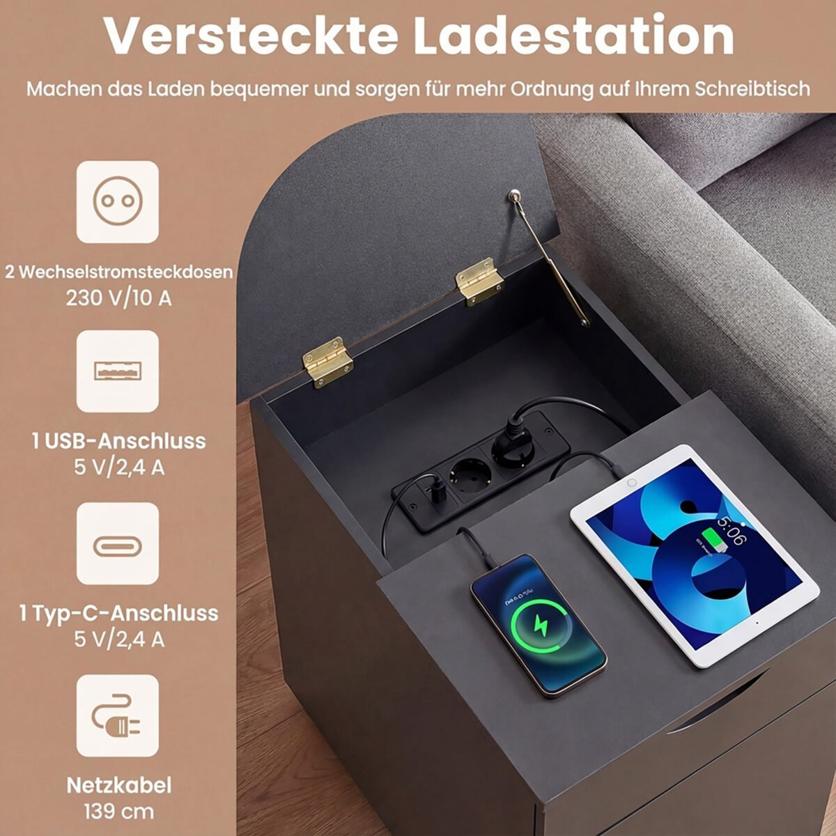 Naktinis staliukas su paslėpta krovimo stotele ir reguliuojama lentyna (Juoda) – Paveikslėlis 4