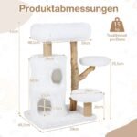 Natūralaus medžio katės draskyklė su pliušinėmis platformomis ir dviaukšte landyne (Balta)
