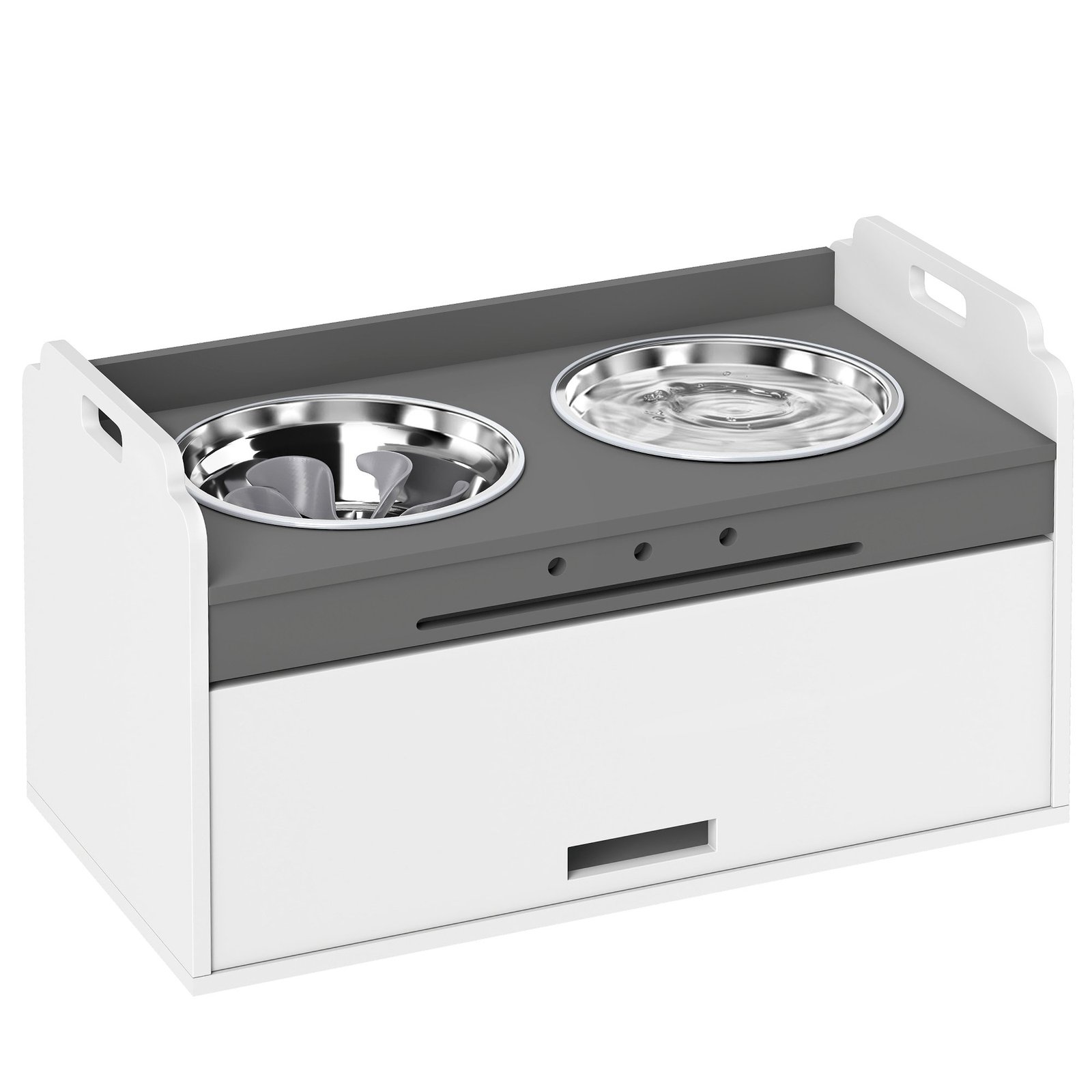 Paaukštintas šunų dubenėlių stovas su spintele ir lėto ėdimo dubeniu