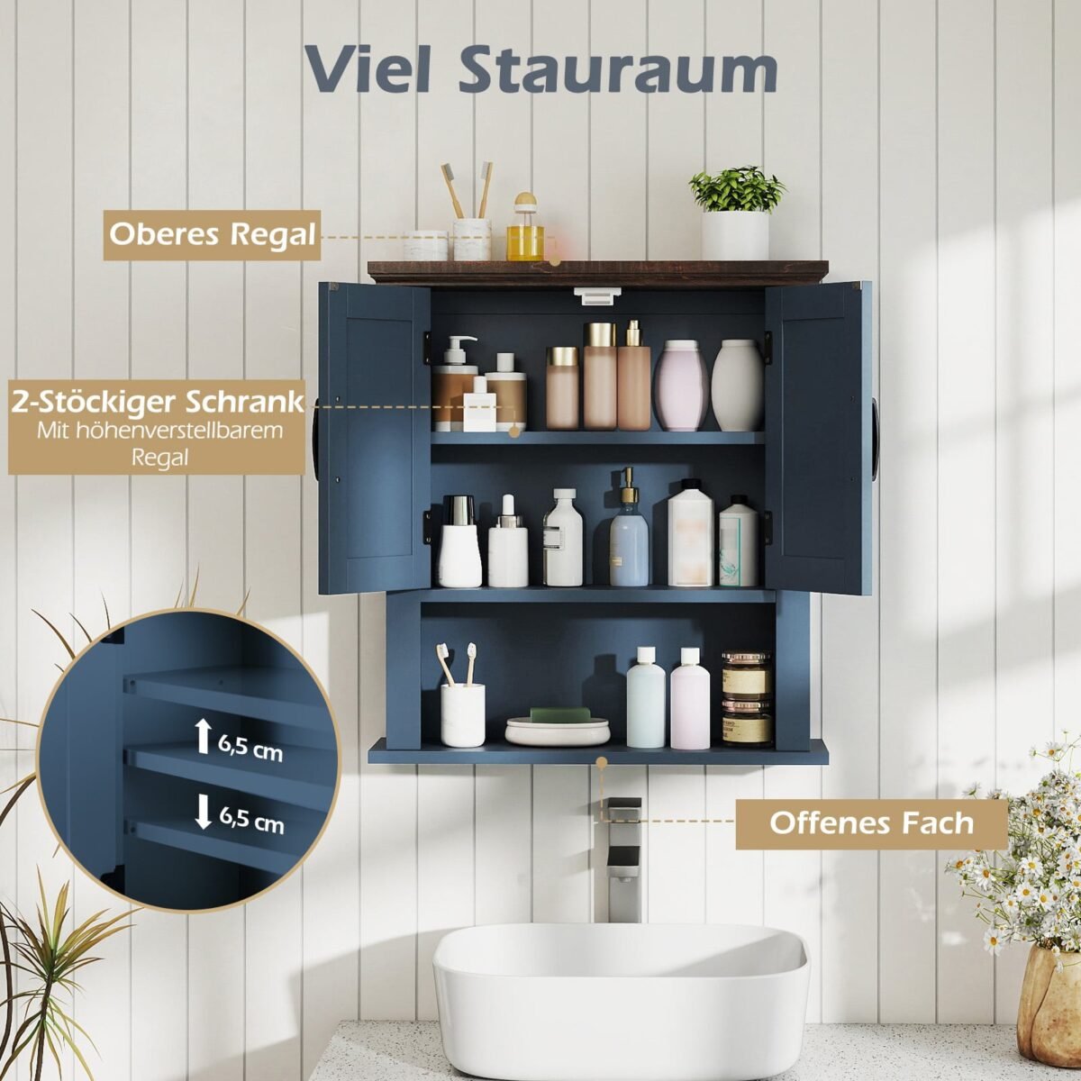 Pakabinama sieninė spintelė su reguliuojamomis lentynomis ir atviru skyriumi (Tamsiai mėlyna) – Paveikslėlis 3