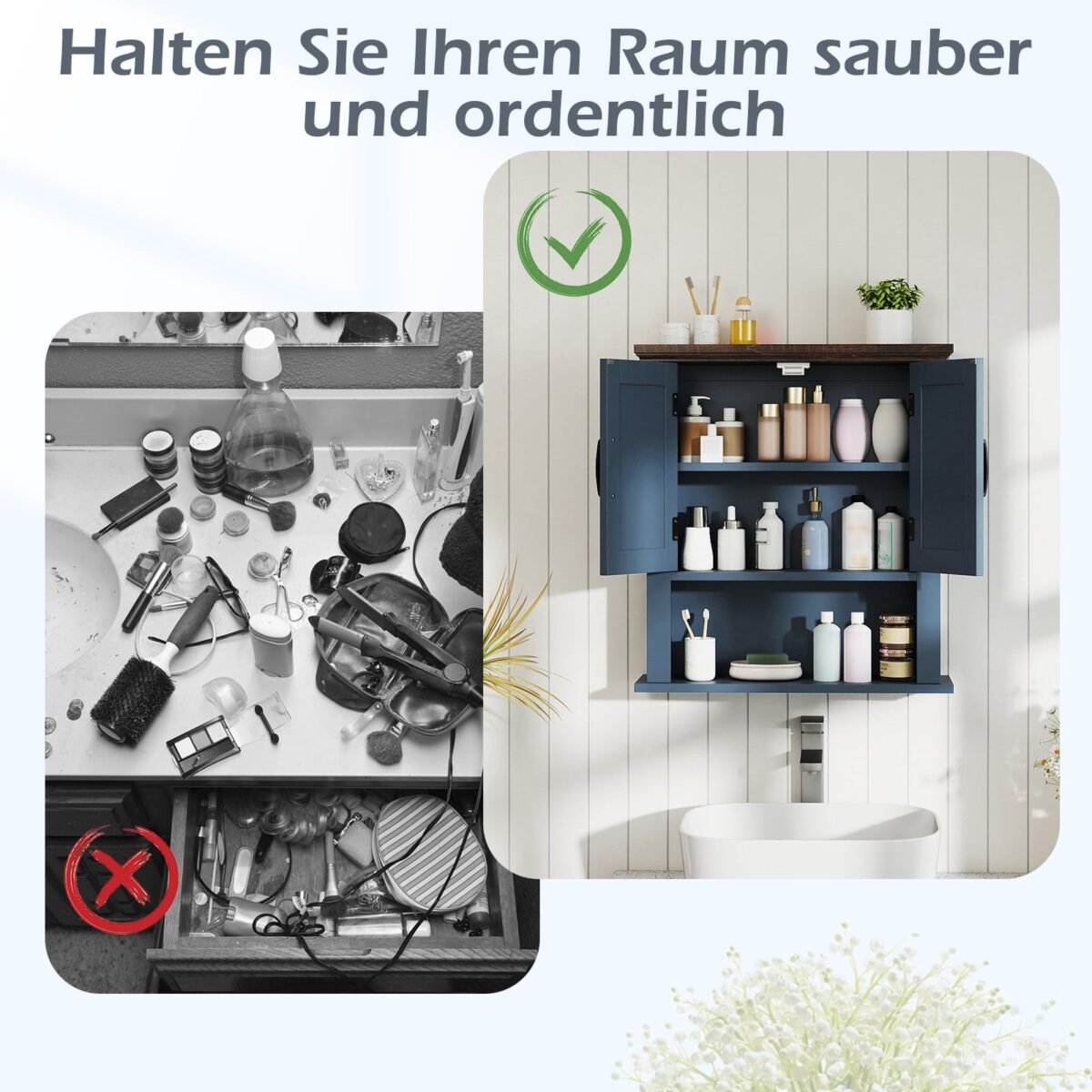 Pakabinama sieninė spintelė su reguliuojamomis lentynomis ir atviru skyriumi (Tamsiai mėlyna) – Paveikslėlis 4