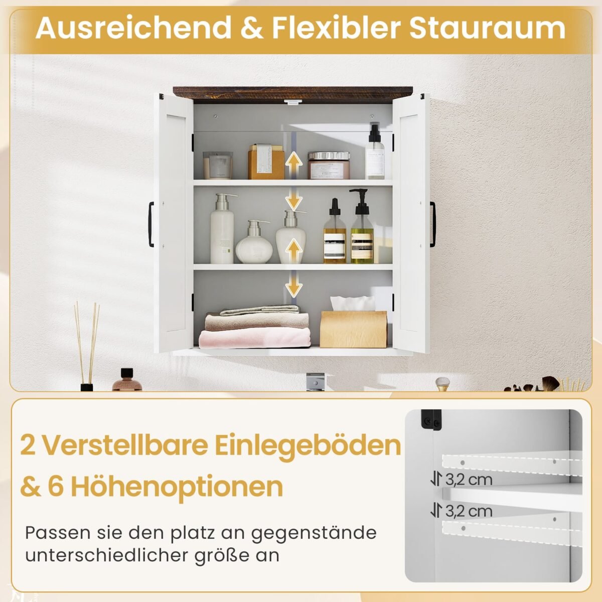 Pakabinama vonios spintelė su 2 durelėmis ir reguliuojamomis lentynomis (Balta) – Paveikslėlis 5