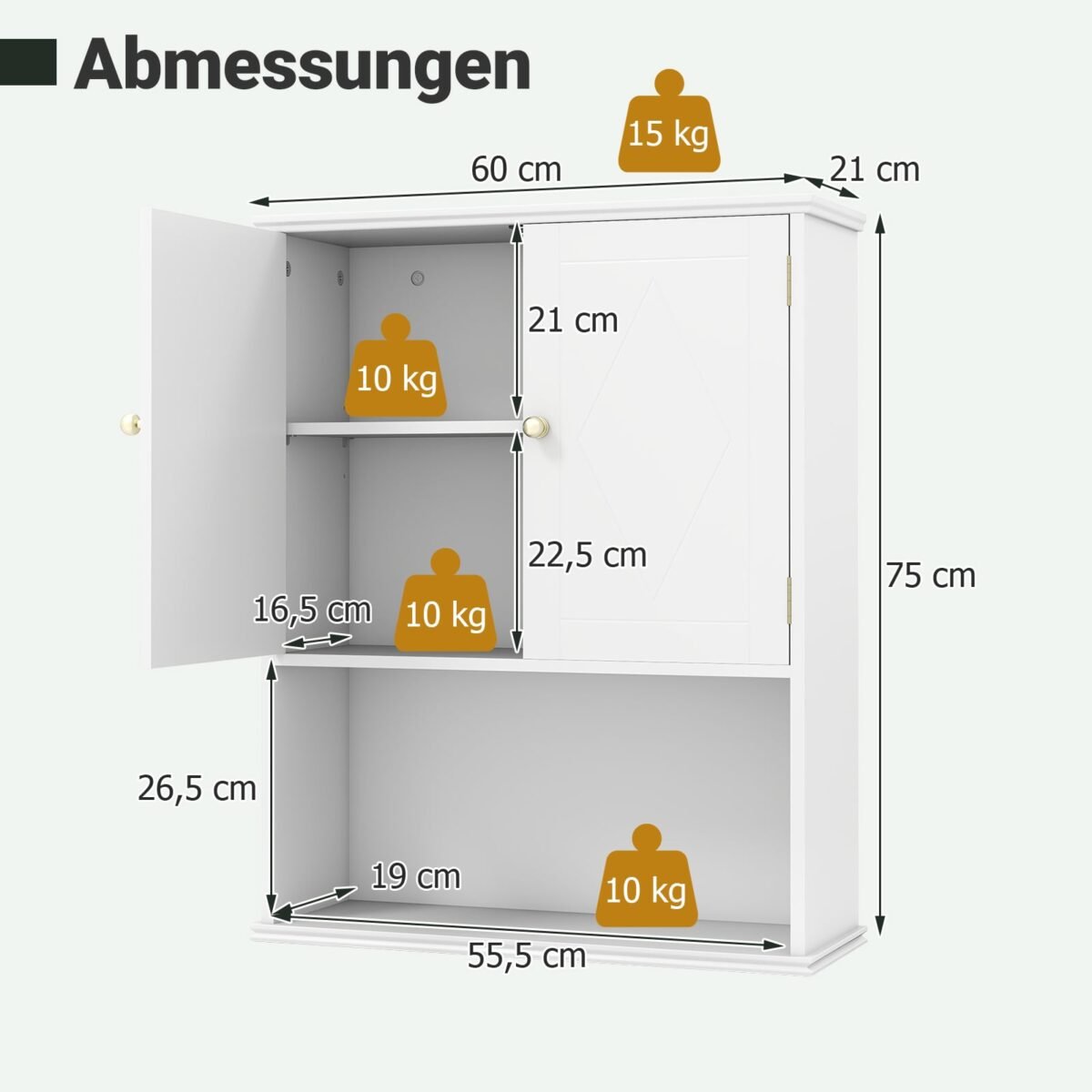 Pakabinama vonios spintelė su dviem durelėmis ir atvira lentyna (Balta) – Paveikslėlis 2