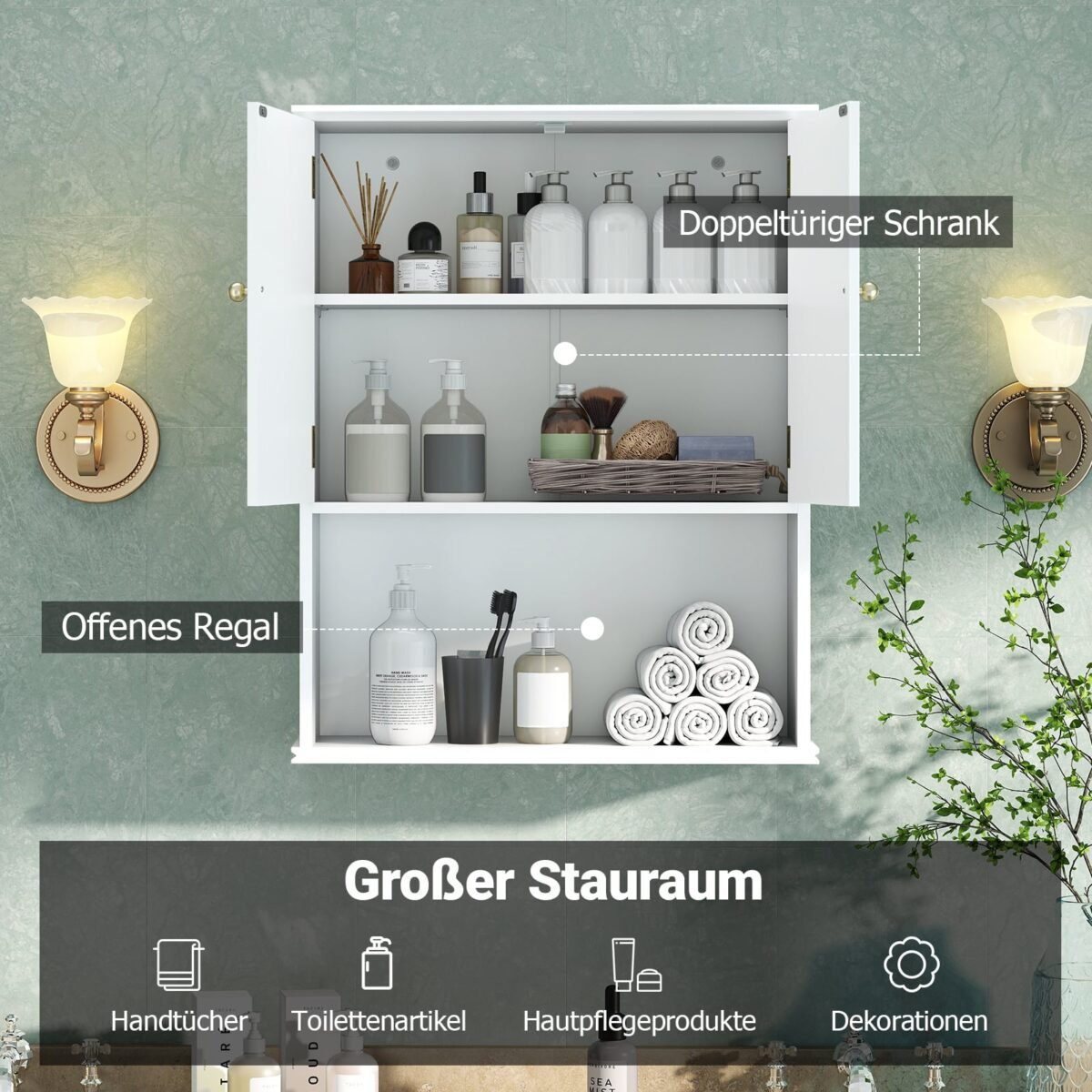 Pakabinama vonios spintelė su dviem durelėmis ir atvira lentyna (Balta) – Paveikslėlis 5