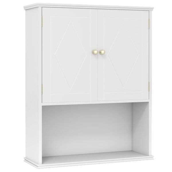 Pakabinama vonios spintelė su dviem durelėmis ir atvira lentyna (Balta)