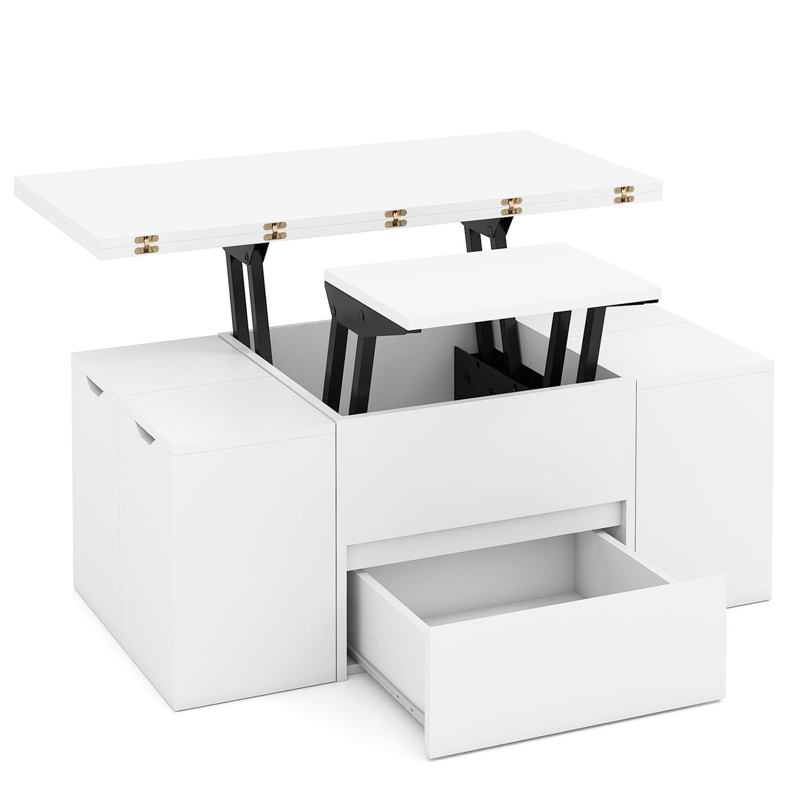 Pakeliamas daugiafunkcis kavos staliukas su 4 integruotais pufais (Balta)