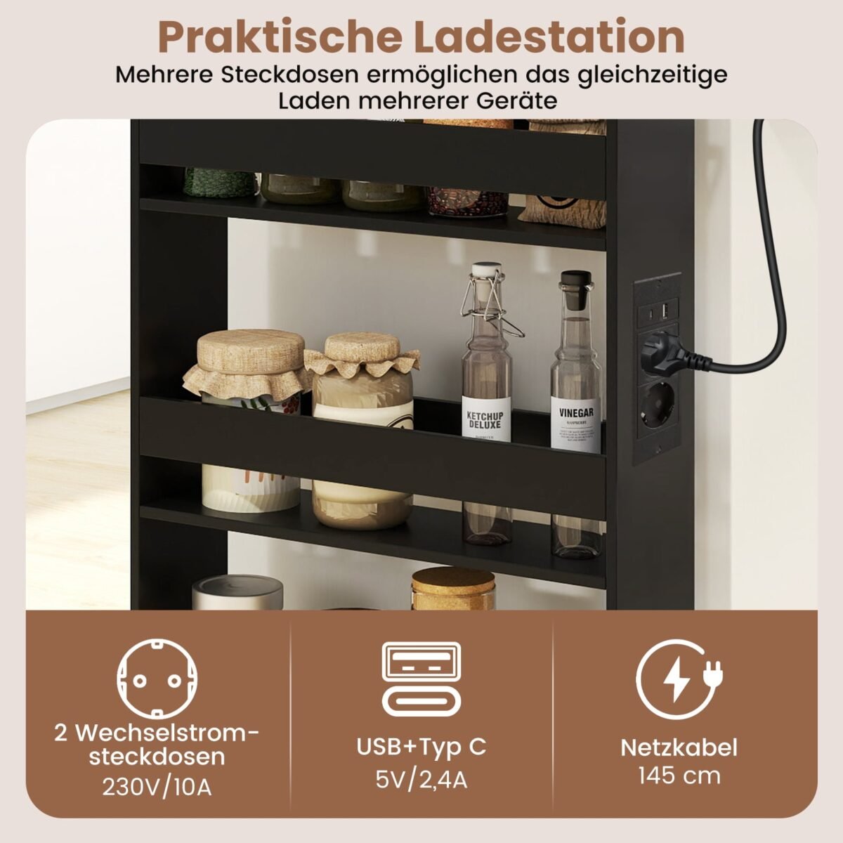 Plonas 4 pakopų virtuvės vežimėlis su įkrovimo stotele (Juoda) – Paveikslėlis 3