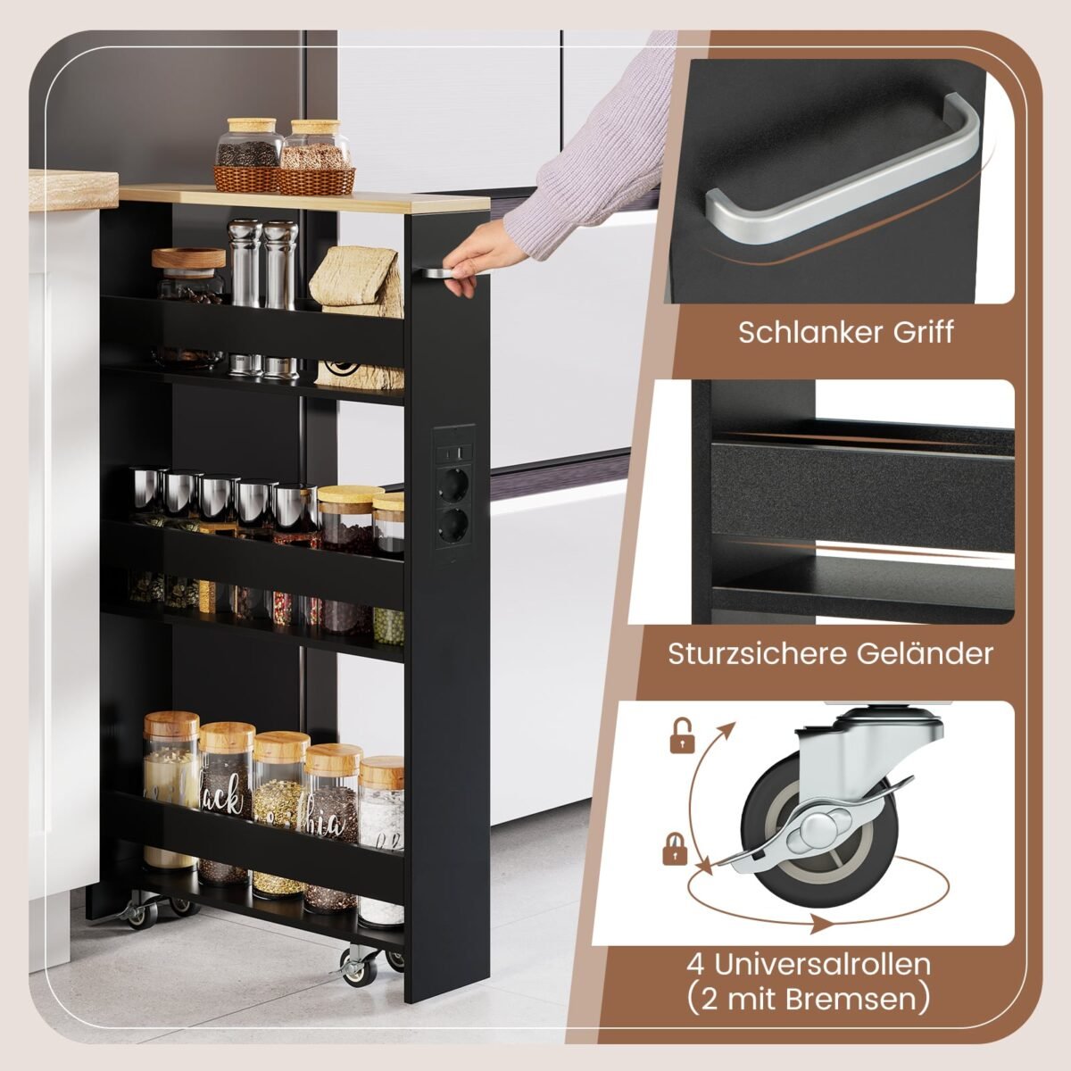 Plonas 4 pakopų virtuvės vežimėlis su įkrovimo stotele (Juoda) – Paveikslėlis 5